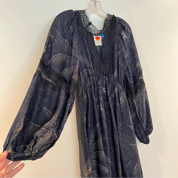 Farm Rio Black Lace Balloon Sleeve V Neck Lightweight Satin Maxi Dress Small - Picture 4 of 9